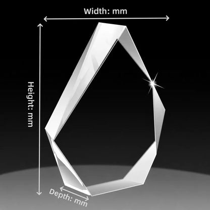 Custom 3D crystal iceberg size guide with blank faceted crystal shape and millimetre width, height and depth labels.