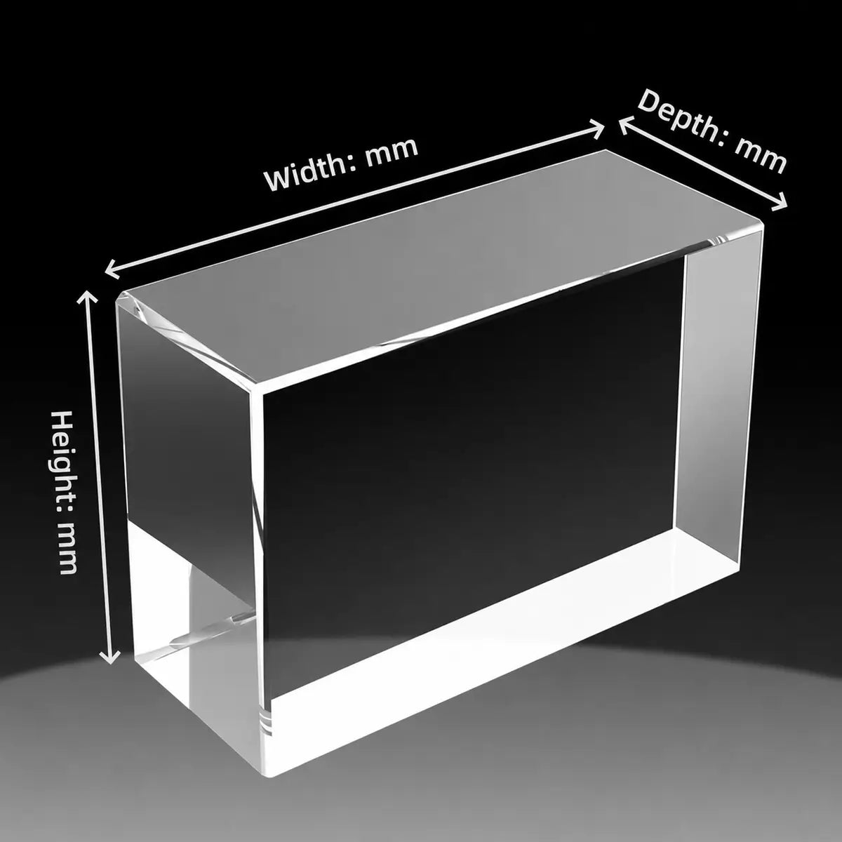 Custom 3D crystal landscape size guide showing blank clear crystal with width, height and depth measurements in mm.