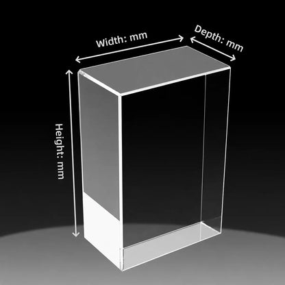 Custom 3D crystal portrait size guide showing a blank upright crystal block with width, height and depth in mm.