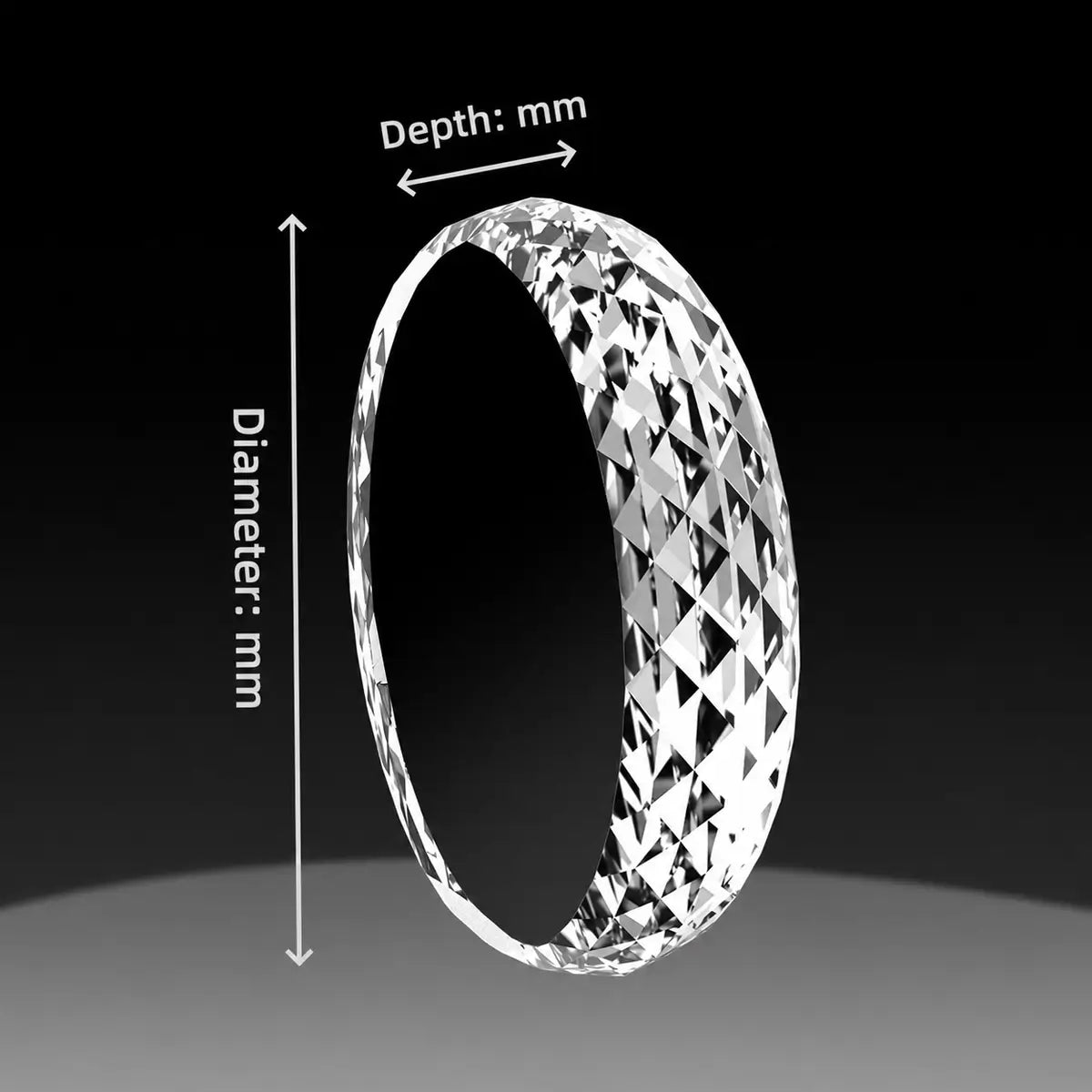 Custom 3D crystal round size guide showing a blank faceted round crystal with diameter and depth measurements in mm.