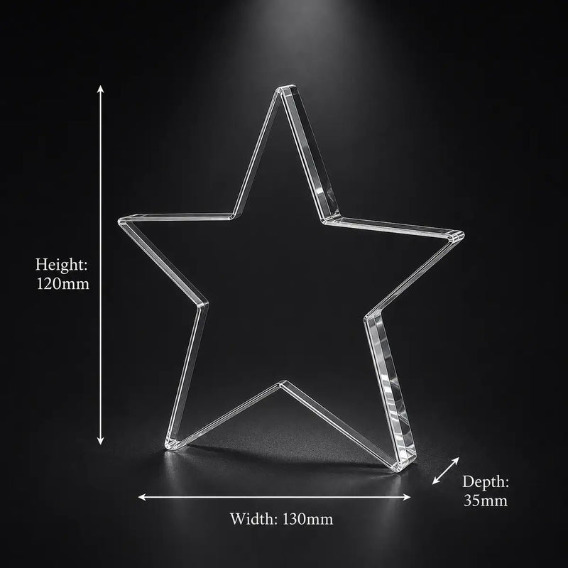 Custom 3D crystal award and trophy in star shape, ideal for excellence awards, team recognition and special achievement gifts.