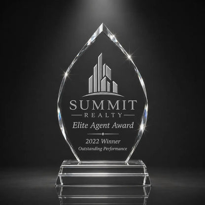 Custom arrowhead crystal real estate agent award with personalised engraving, faceted glass trophy for property sales achievement and elite agent recognition.