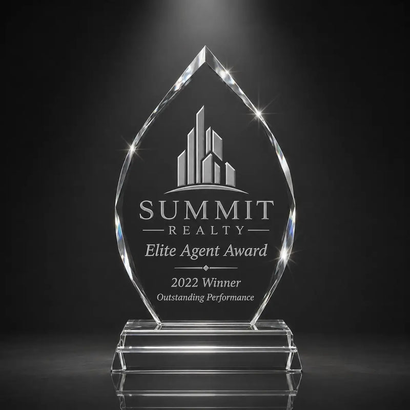 Custom arrowhead crystal real estate agent award with personalised engraving, faceted glass trophy for property sales achievement and elite agent recognition.