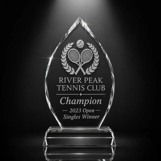 Custom arrowhead crystal tennis champion award trophy with engraved tennis rackets and laurel design, personalised for sports tournaments and club winners.
