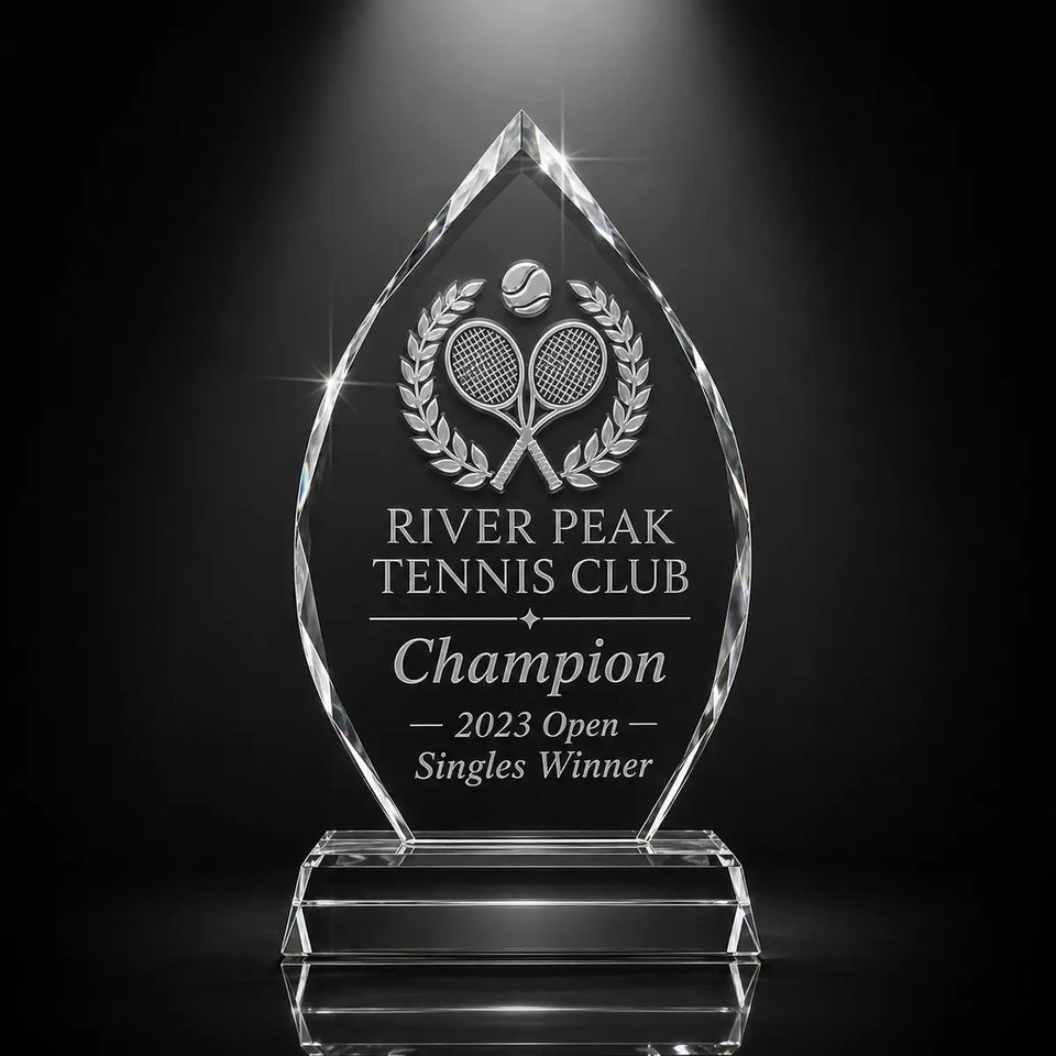 Custom arrowhead crystal tennis champion award trophy with engraved tennis rackets and laurel design, personalised for sports tournaments and club winners.