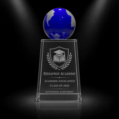 Custom blue globe crystal award trophy with personalised engraving for academic excellence, featuring a clear crystal base and blue globe top for school and student achievement recognition.