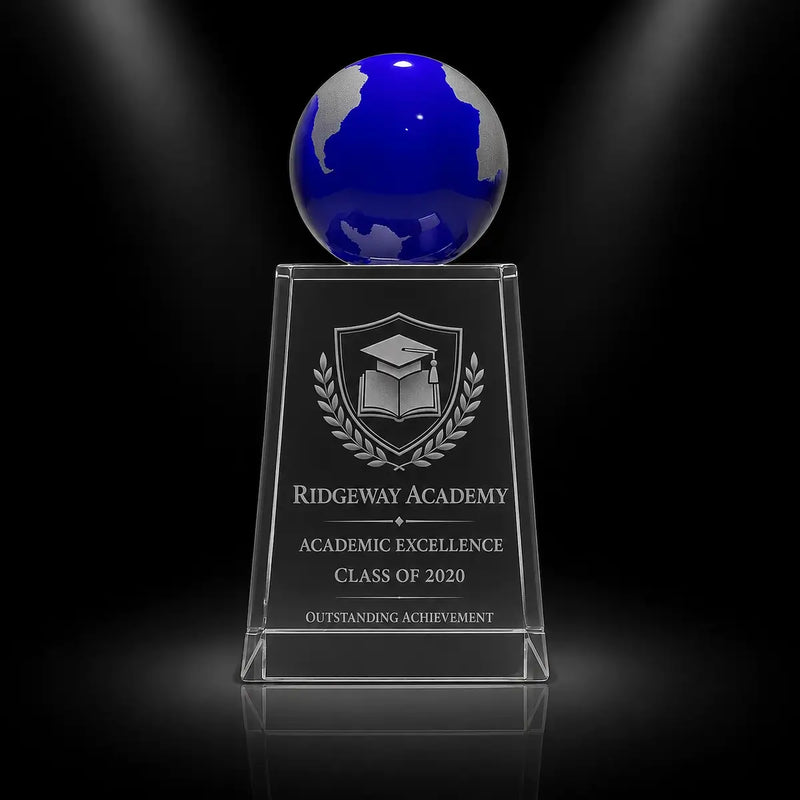 Custom blue globe crystal award trophy with personalised engraving for academic excellence, featuring a clear crystal base and blue globe top for school and student achievement recognition.