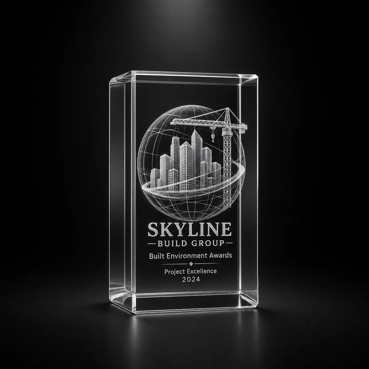 Custom crystal award trophy cube with personalised engraving, featuring a city skyline and crane design for construction, architecture, built environment and project excellence awards.