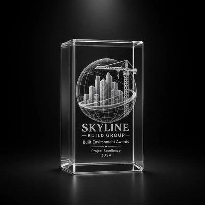 Custom crystal award trophy cube with personalised engraving, featuring a city skyline and crane design for construction, architecture, built environment and project excellence awards.