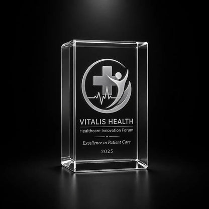 Custom crystal award trophy cube with personalised engraving, featuring a medical logo design for healthcare innovation, patient care excellence and medical staff recognition.