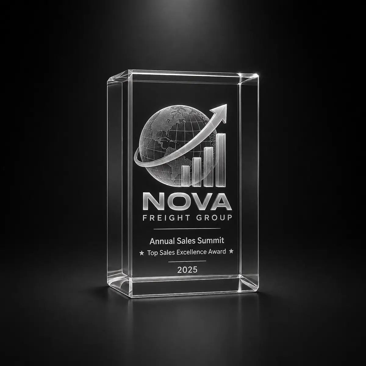 Custom crystal award trophy cube with personalised engraving, featuring a globe and growth chart design for sales excellence, business achievement and corporate recognition.
