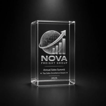 Custom crystal award trophy cube with personalised engraving, featuring a globe and growth chart design for sales excellence, business achievement and corporate recognition.