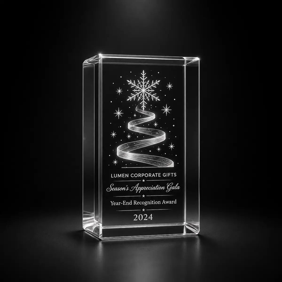 Custom crystal award trophy cube with personalised engraving, featuring a festive snowflake design for year-end recognition, corporate appreciation and holiday business gifts.