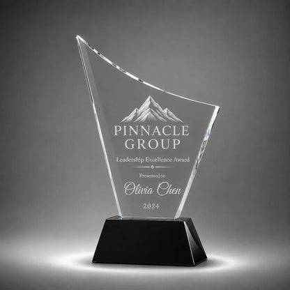 Custom curved crystal leadership excellence award trophy with personalised engraving, clear glass plaque and black base for corporate recognition, executive awards and business achievement.