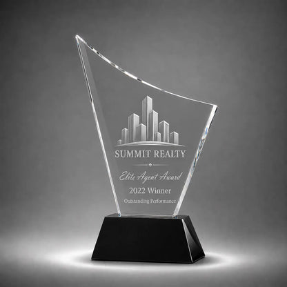 Custom curved crystal real estate agent award trophy with personalised engraving, clear glass plaque and black base for property sales achievement and elite agent recognition.