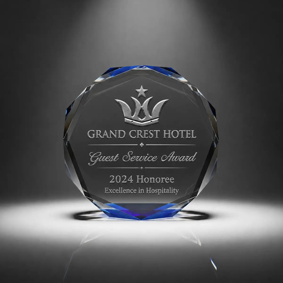 Custom octagon crystal guest service award trophy with personalised engraving, blue faceted edge design for hotel staff recognition, hospitality awards and service excellence.