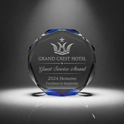 Custom octagon crystal guest service award trophy with personalised engraving, blue faceted edge design for hotel staff recognition, hospitality awards and service excellence.