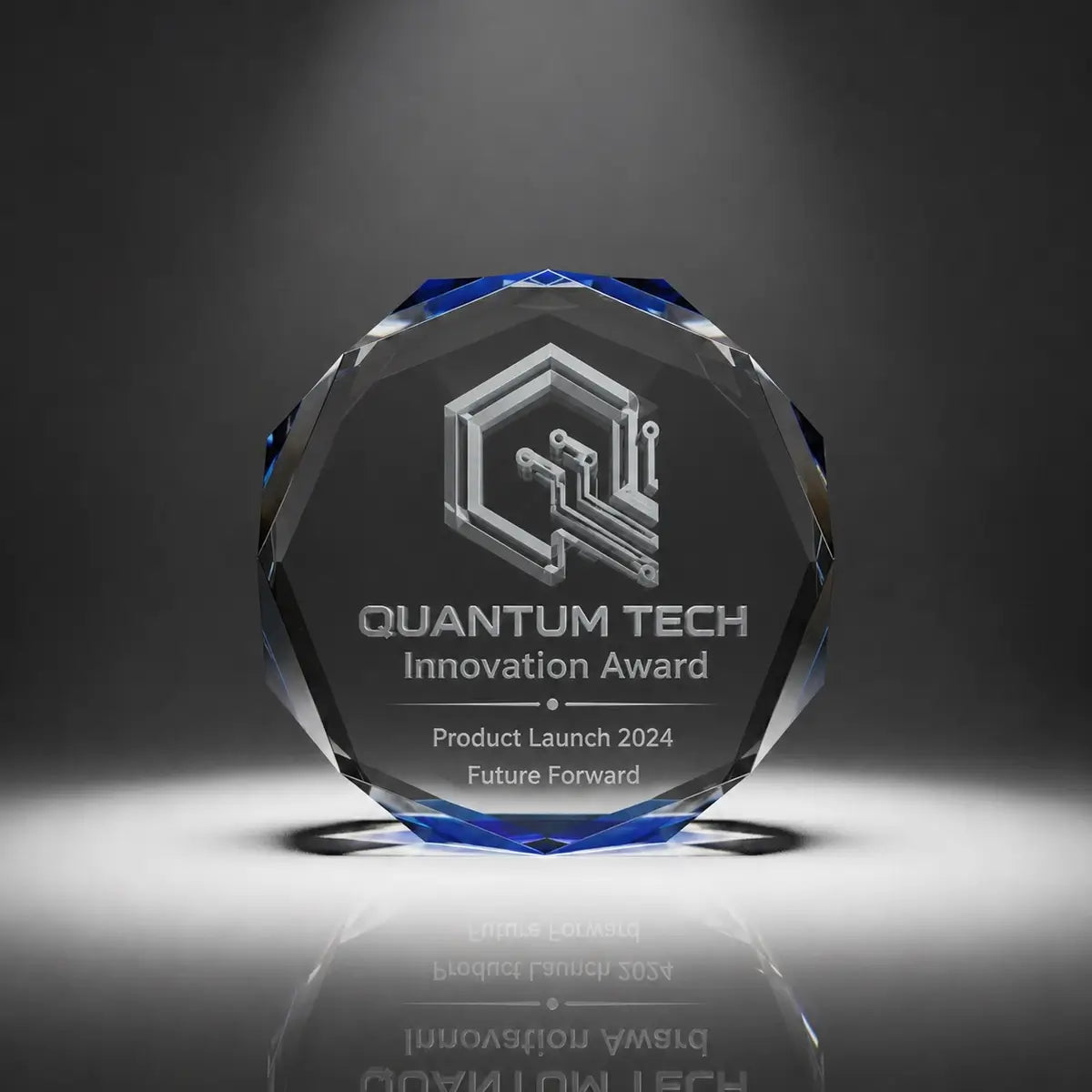 Custom octagon crystal innovation award trophy with personalised engraving, blue faceted edge design for technology companies, product launches and business achievement recognition.