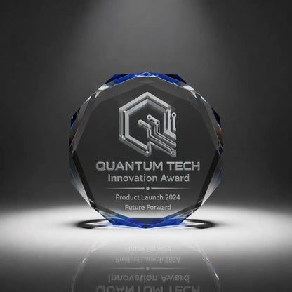 Custom octagon crystal innovation award trophy with personalised engraving, blue faceted edge design for technology companies, product launches and business achievement recognition.