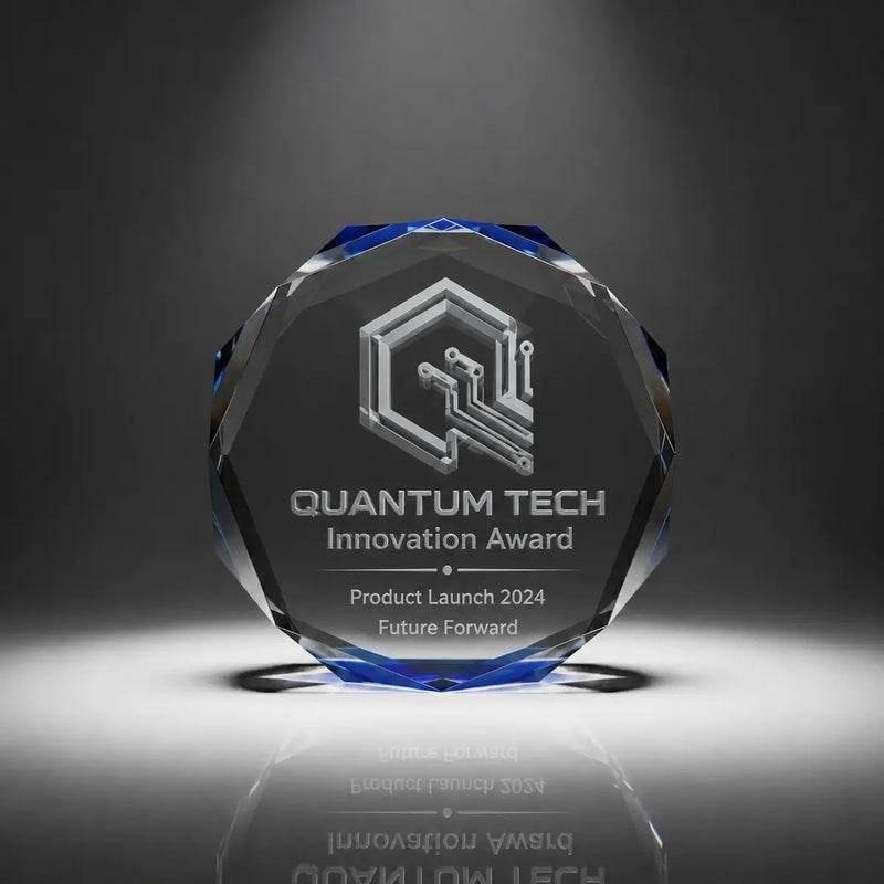 Custom octagon crystal innovation award trophy with personalised engraving, blue faceted edge design for technology companies, product launches and business achievement recognition.