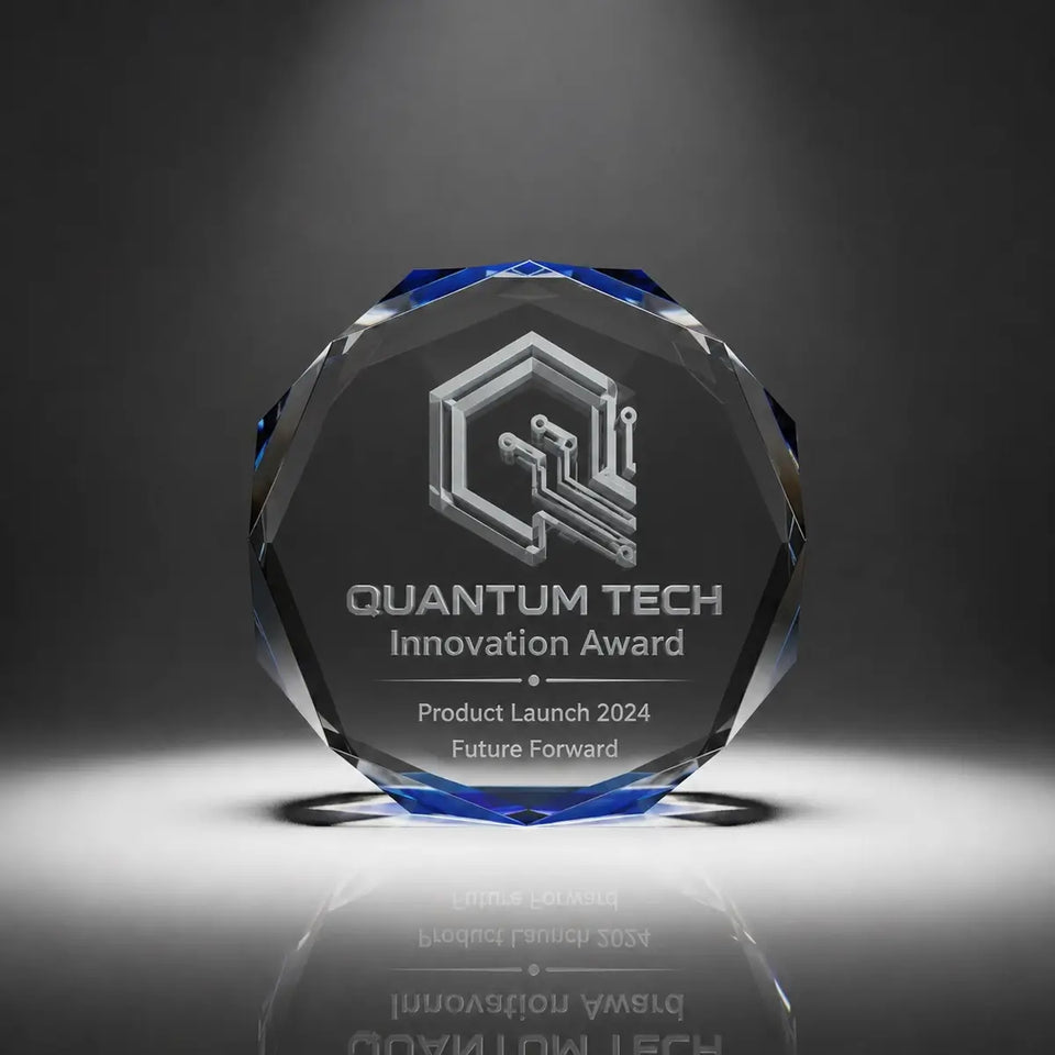 Custom octagon crystal innovation award trophy with personalised engraving, blue faceted edge design for technology companies, product launches and business achievement recognition.