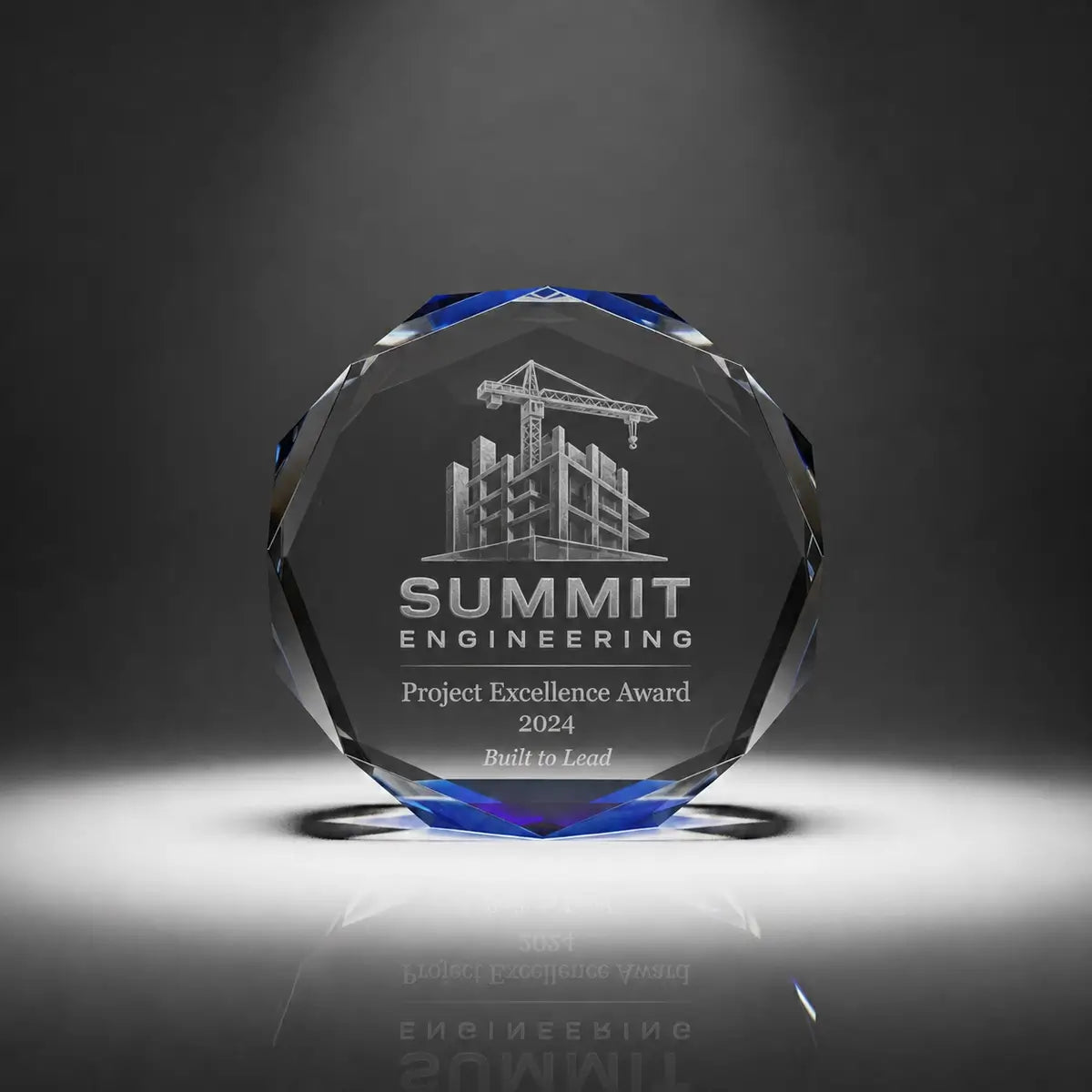 Custom octagon crystal project excellence award trophy with personalised engraving, blue faceted edge design for engineering, construction and corporate achievement recognition.