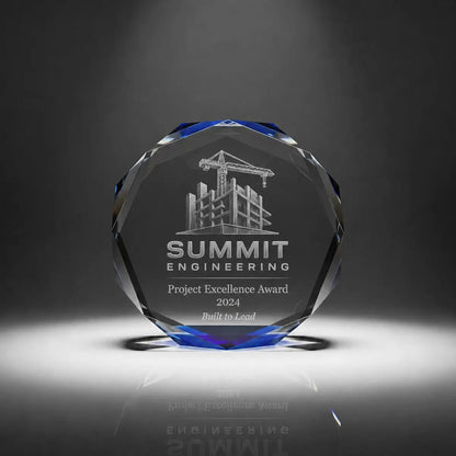 Custom octagon crystal project excellence award trophy with personalised engraving, blue faceted edge design for engineering, construction and corporate achievement recognition.