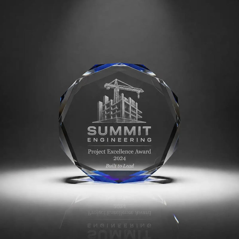 Custom octagon crystal project excellence award trophy with personalised engraving, blue faceted edge design for engineering, construction and corporate achievement recognition.