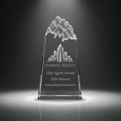 Custom peak crystal real estate agent award trophy with personalised engraving, clear mountain top design for property sales achievement and elite agent recognition.