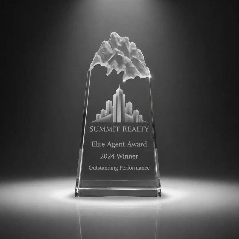 Custom peak crystal real estate agent award trophy with personalised engraving, clear mountain top design for property sales achievement and elite agent recognition.