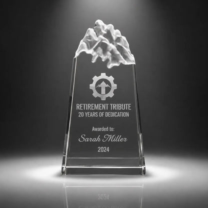 Custom peak crystal retirement tribute award trophy with personalised engraving, clear mountain top design for long service, employee dedication and retirement recognition.