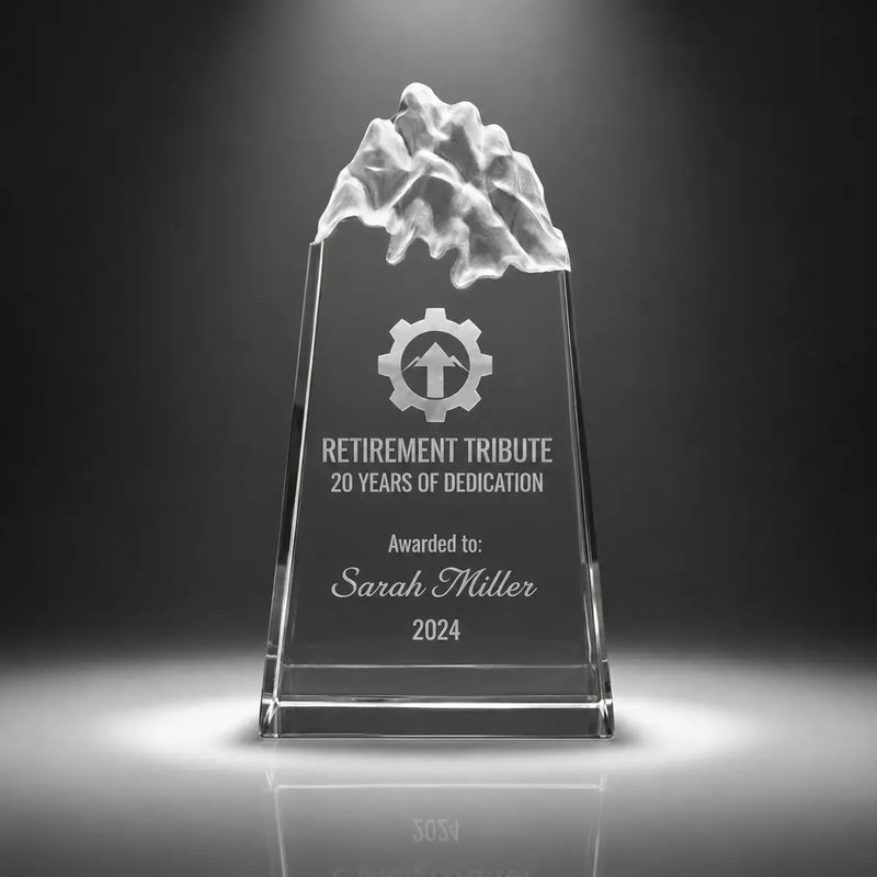 Custom peak crystal retirement tribute award trophy with personalised engraving, clear mountain top design for long service, employee dedication and retirement recognition.