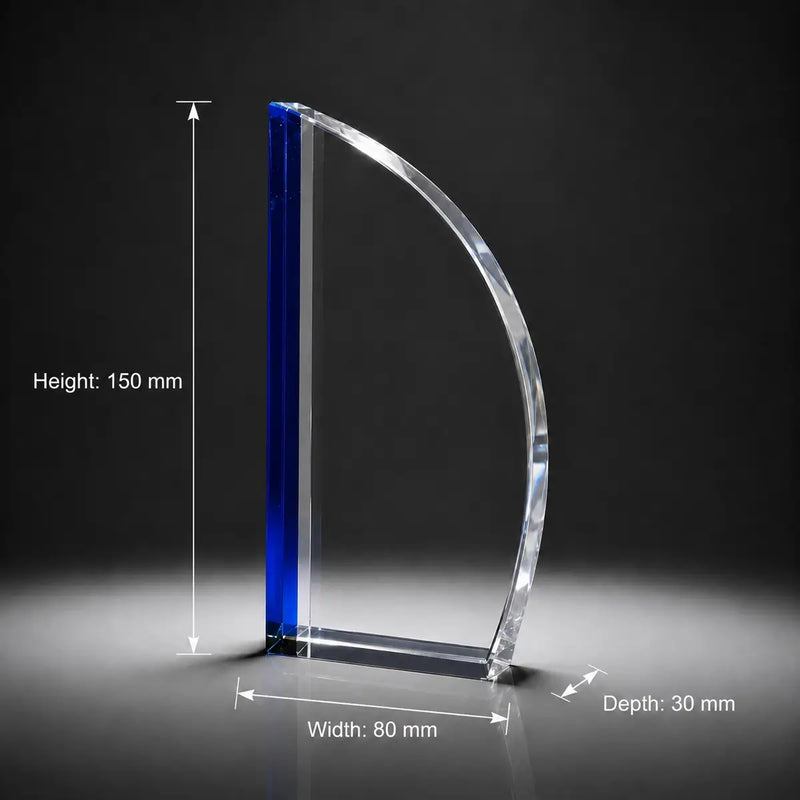 Custom 3D crystal award and trophy with blue edge sail design, ideal for personalised business awards and professional recognition gifts.