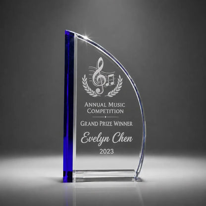 Custom sail crystal music competition award trophy with personalised engraving, clear glass plaque with blue accent for grand prize winners and performing arts recognition.