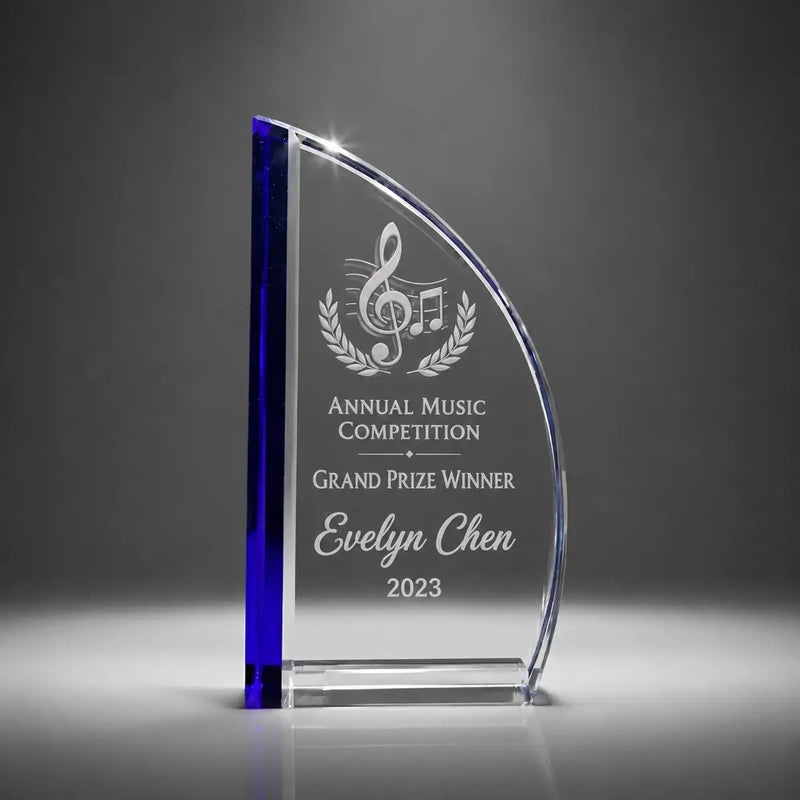 Custom sail crystal music competition award trophy with personalised engraving, clear glass plaque with blue accent for grand prize winners and performing arts recognition.