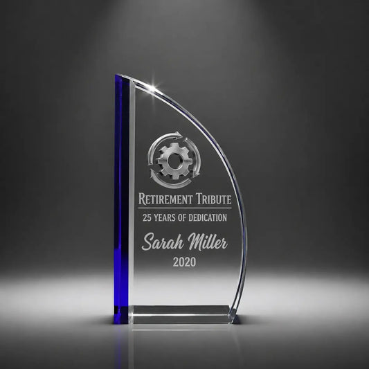 Custom sail crystal retirement tribute award trophy with personalised engraving, clear glass plaque with blue accent for long service, dedication and employee recognition.