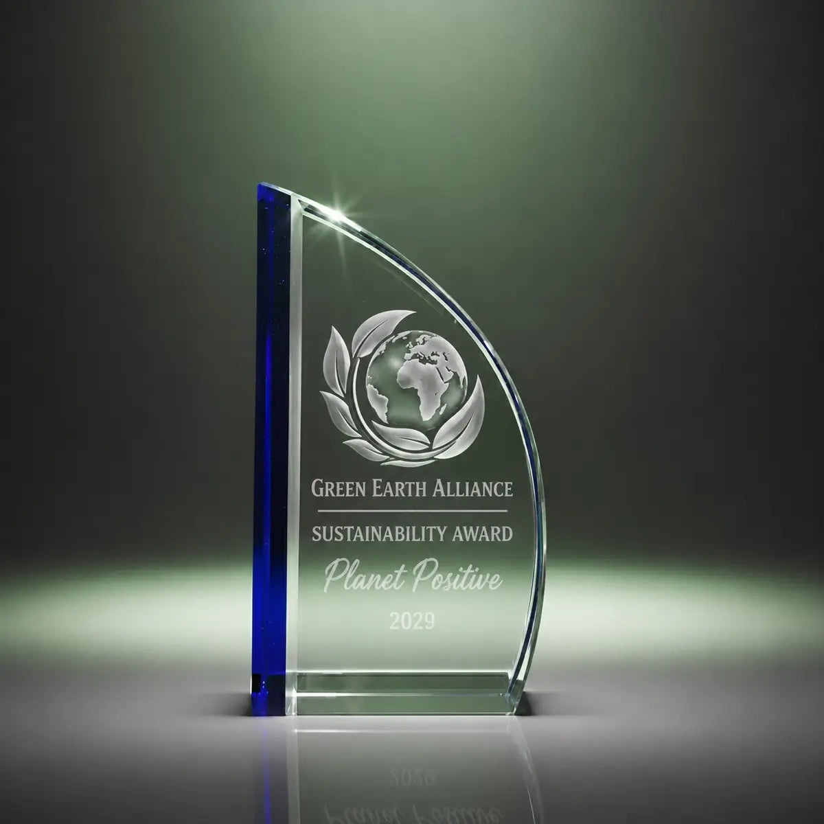 Custom sail crystal sustainability award trophy with personalised engraving, clear glass plaque with blue accent for environmental, green business and eco achievement recognition.