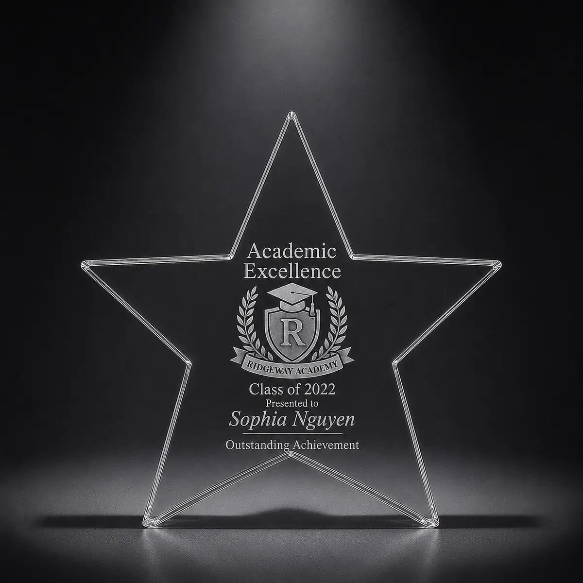 Custom star crystal academic excellence award trophy with engraved school crest, personalised for graduation, student achievement and educational recognition.