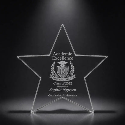 Custom star crystal academic excellence award trophy with engraved school crest, personalised for graduation, student achievement and educational recognition.