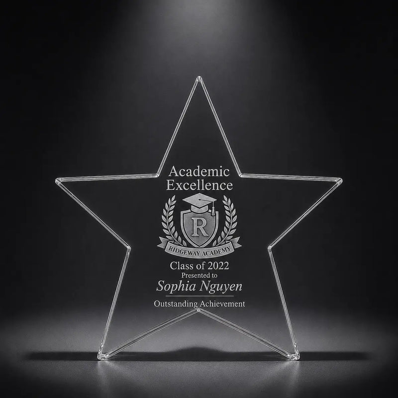 Custom star crystal academic excellence award trophy with engraved school crest, personalised for graduation, student achievement and educational recognition.