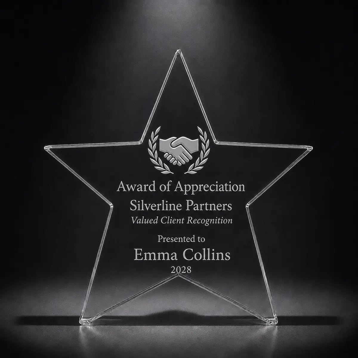 Custom star crystal appreciation award trophy with engraved handshake and laurel design, personalised for client recognition, business partners and corporate thank you gifts.