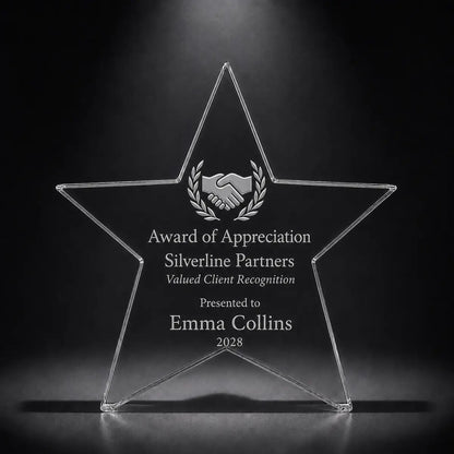 Custom star crystal appreciation award trophy with engraved handshake and laurel design, personalised for client recognition, business partners and corporate thank you gifts.