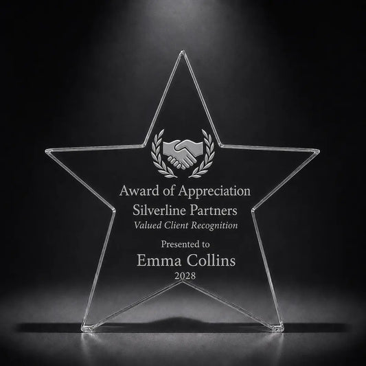 Custom star crystal appreciation award trophy with engraved handshake and laurel design, personalised for client recognition, business partners and corporate thank you gifts.
