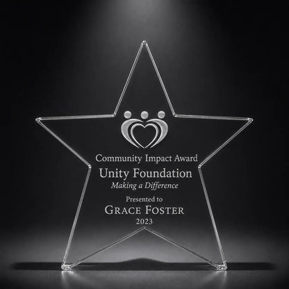 Custom star crystal community impact award trophy with engraved heart and people design, personalised for charity, volunteer and nonprofit recognition.