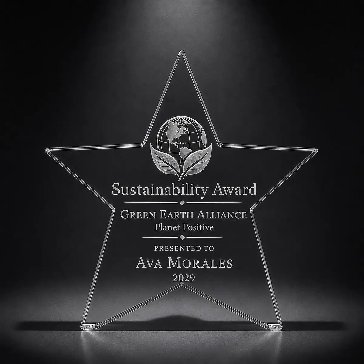 Custom star crystal sustainability award trophy with engraved globe and leaf design, personalised for eco recognition, green business awards and environmental achievement.