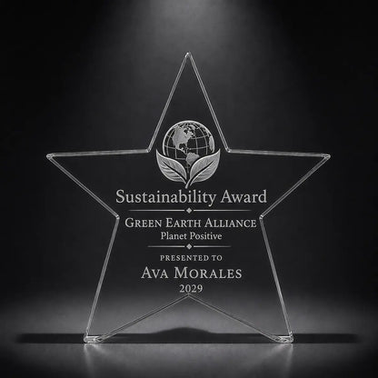 Custom star crystal sustainability award trophy with engraved globe and leaf design, personalised for eco recognition, green business awards and environmental achievement.
