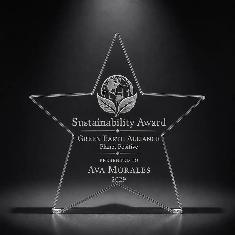Custom star crystal sustainability award trophy with engraved globe and leaf design, personalised for eco recognition, green business awards and environmental achievement.