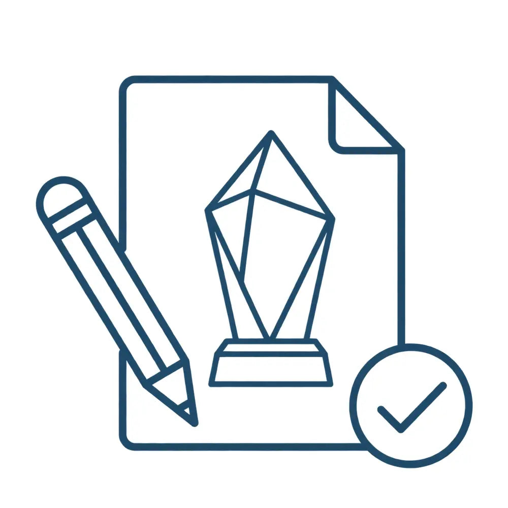 Crystal award design with a pencil and approval checkmark