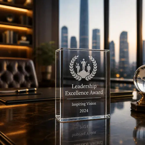 Leadership excellence crystal award displayed on a polished executive desk with city skyline background