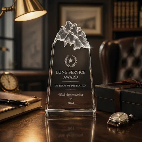 Long service crystal plaque with appreciation engraving displayed on a polished executive desk